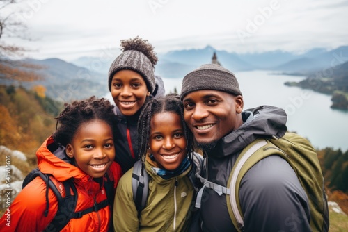 Smiling portrait of a father and his kids hiking in the mountains and forests