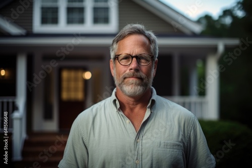 Portrait of a Middle aged caucasian man standing outside of his house and home looking at the camera photo