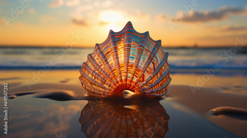 A Close-Up of a Beach Seashell, Capturing Its Intricate Interior Glow Amidst a Stunning Sunset