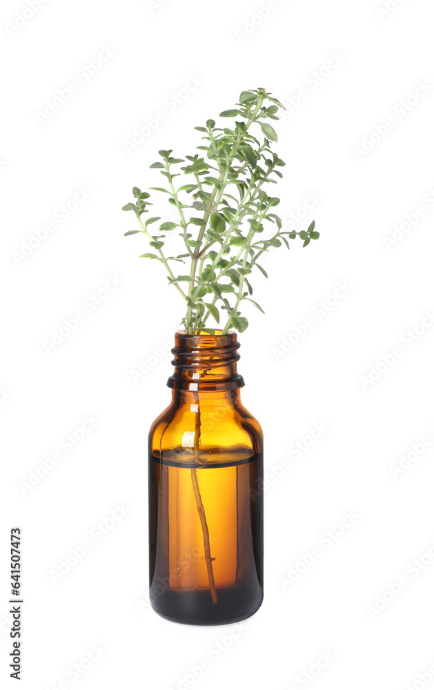 One bottle with essential oil and thyme isolated on white One bottle with essential oil and thyme isolated on white
