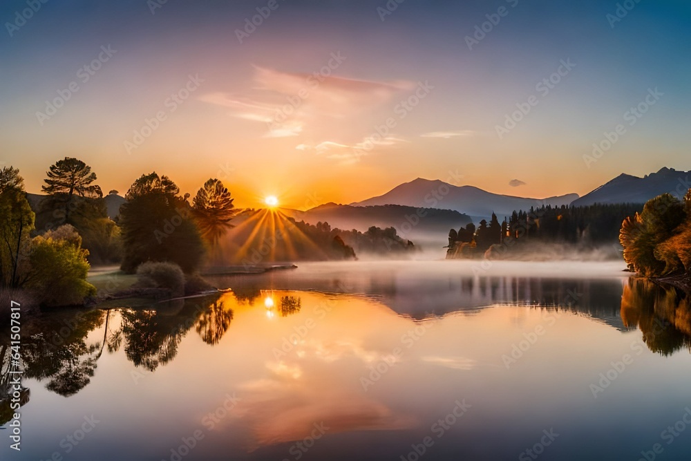 A tranquil pond reflecting the fiery hues of a sunrise sky, a serene oasis in a world of vibrant colors
