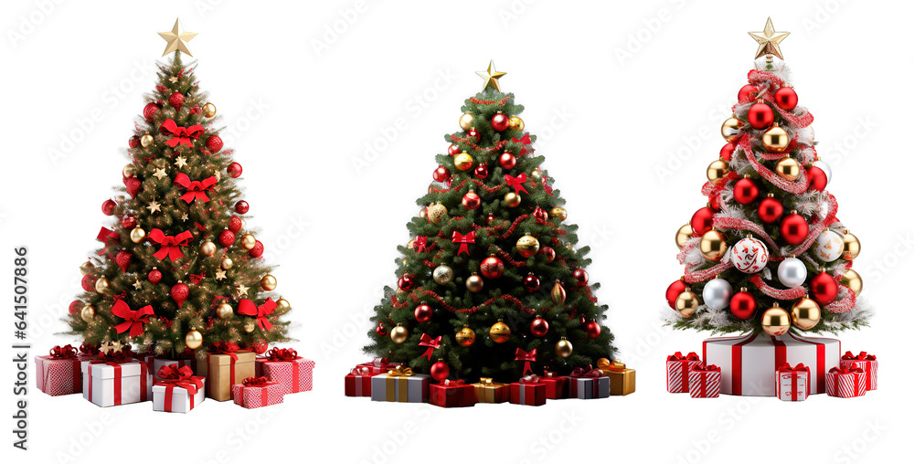 Beautiful se of three Christmas trees on white and transparent background - obrazy, fototapety, plakaty 