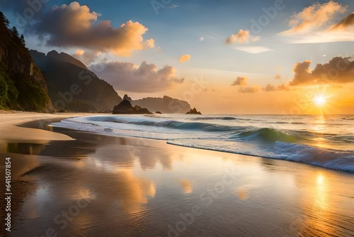 A pristine beach with waves delicately lapping at the shore, a scene of tranquil beauty and serenity