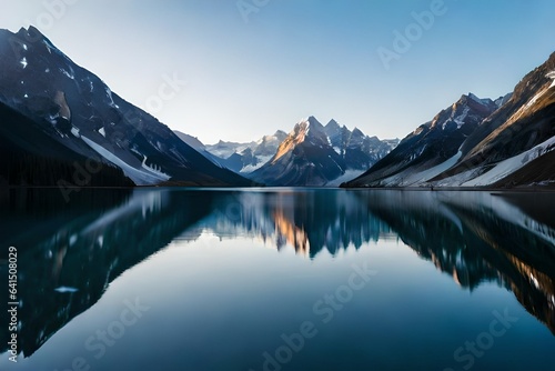 A tranquil lake surrounded by snow-covered peaks, the mirror-like surface reflecting the serenity of the scene