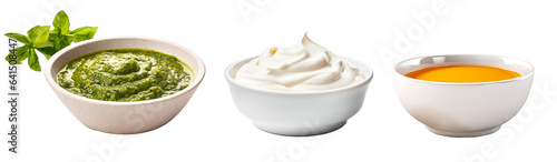 Pesto sauce, sour cream and honey mustard sauce on white and isolated transparent background