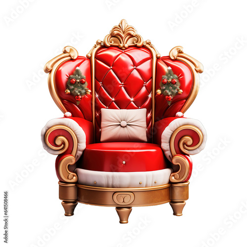 Santa Claus throne chair in red leather and gold colors. Isolated transparent background