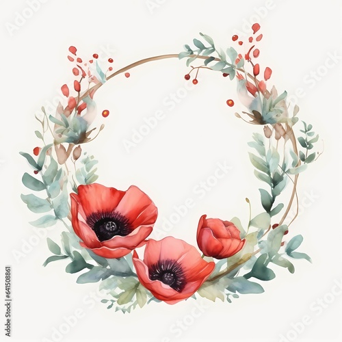 colorful red poppy with eucalyptus leaves 