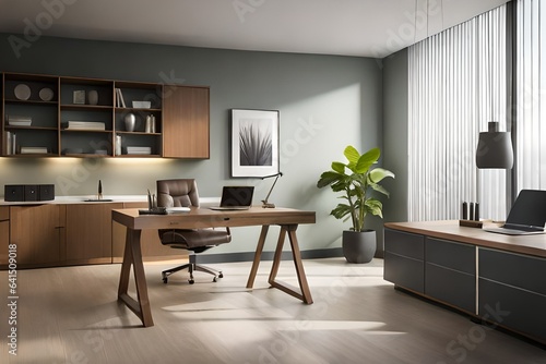 A modern home office with sleek furniture, clean lines, and ample natural light spilling onto the work desk