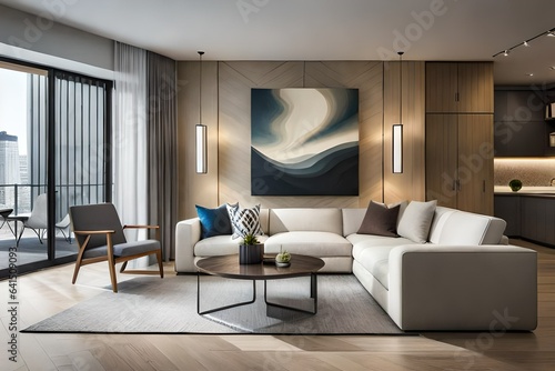 A contemporary living room featuring a sectional sofa  abstract art  and a statement fireplace