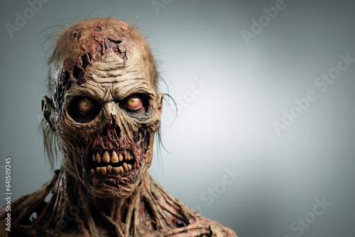 Scary zombie headshot portrait for Halloween banner with copy space for advertisement