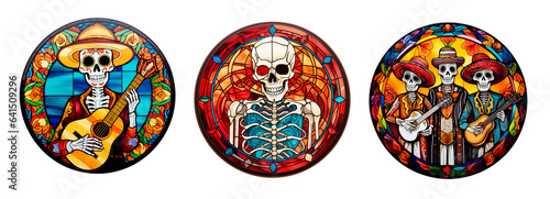 Three stained glass art for the Day of the Dead on isolated transparent background