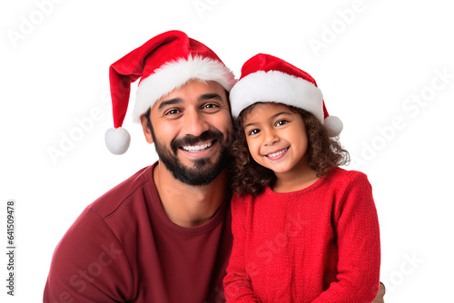 Portrait of happy Latino dad with his daughter wearing Santa hats posing on white and transparent background