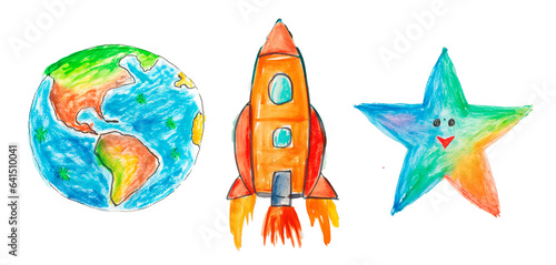 Kid's drawing set with the planet earth, a rocket and a star over isolated transparent background