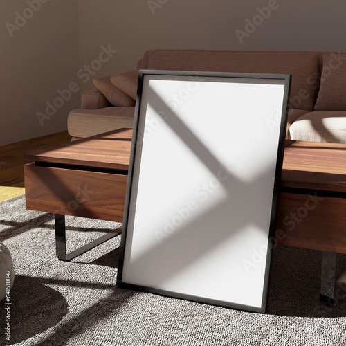 aesthetic frame mockup poster leaning on the wooden coffee table lit by sunlight in the warm living room
