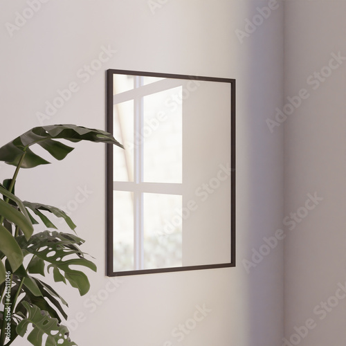 simple minimalist frame mockup poster hanging on the white wall with plant decoration © themagia