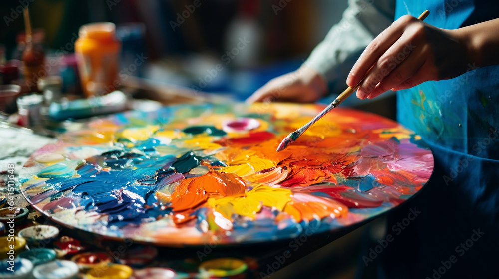 A Close-Up of a Painter's Palette Smeared with Vibrant Colors A Close-Up of a Painter's Palette Smeared with Vibrant Colors