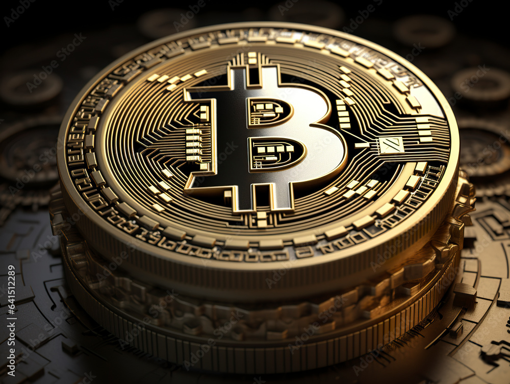 Closeup of a cryptocurrency bitcoin the future coin. Cryptocurrency golden bitcoin coin, electronic virtual money for web banking and international account.