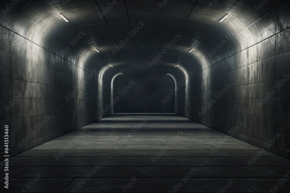 Spacious, shadowy underground corridor with glowing blue neon lights. Futuristic portal entryway.