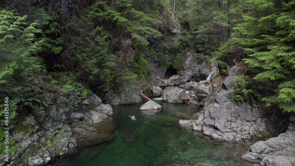 Woman swimming in crystal clear river near pristine forest waterfall, evergreen forest, BC, Canadian nature, fresh water. 4K 24FPS PRORES 422 Woman swimming in crystal clear river near pristine forest waterfall, evergreen forest, BC, Canadian nature, fresh water. 4K 24FPS PRORES 422