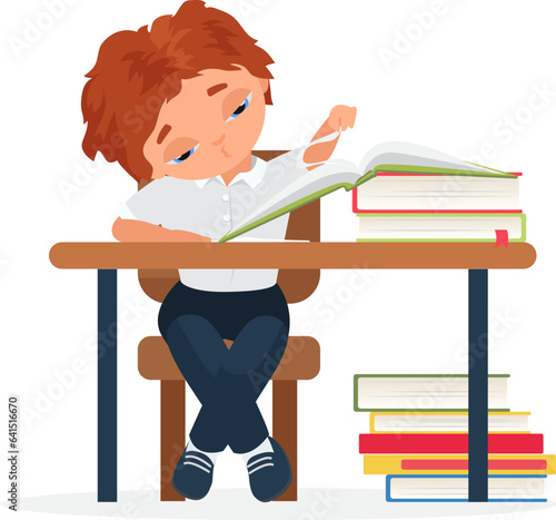 Exhausted school student reading books. Tired school pupil learning cartoon vector illustration