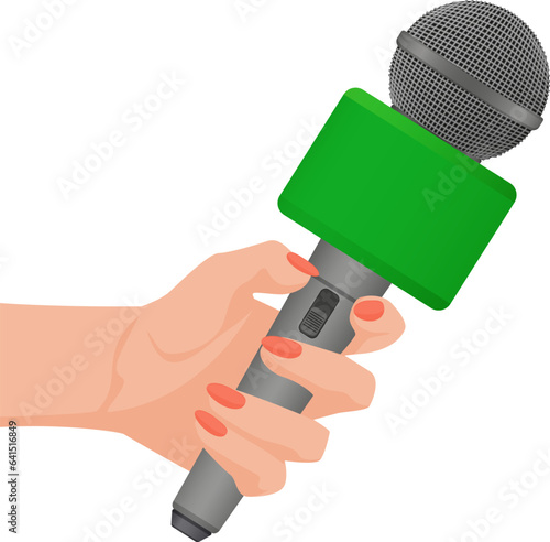 Hand holding press microphone. News reporter interview, news journalist vector illustration