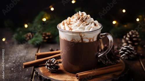 A Close-Up of a Steaming Mug of Hot Cocoa Topped with Whipped Cream and Chocolate Shavings