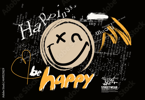 Vector smile illustration grunge, Urban typography hipster street art graffiti slogan print with neon spray effect, urban Graffiti street art style smile slogan