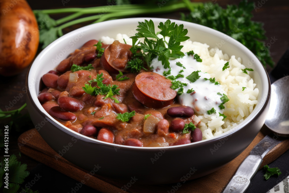 In a bowl, enjoy red beans and rice topped with sliced andouille sausages, a dollop of sour cream, and a sprinkle of chopped parsley