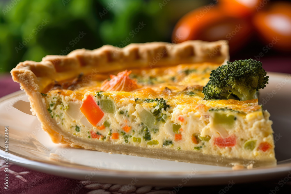 A stunning photo capturing a slice of quiche with a perfectly golden-brown crust, luscious filling, and vibrant veggies arranged in an intricate pattern A stunning photo capturing a slice of quiche with a perfectly golden-brown crust, luscious filling, and vibrant veggies arranged in an intricate pattern