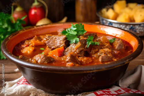 A steamy bowl of Hungarian goulash, featuring tender beef and paprika, topped with a sprig of fresh parsley for added freshness and flavor