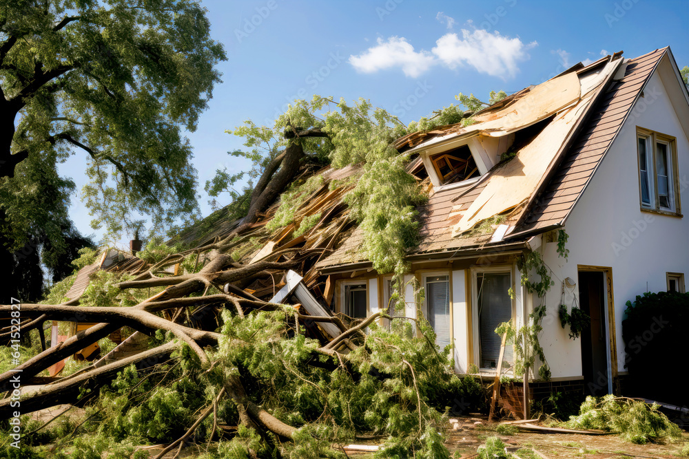 Tree falls on a house roof during storm. Insurance damage,mud,destruction Tree falls on a house roof during storm. Insurance damage,mud,destruction