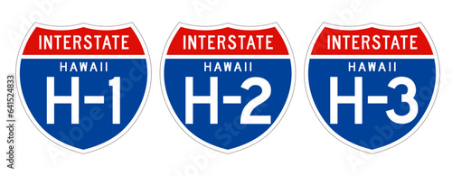 ハワイの高速道路の標識　ハワイ1号線 2号線 3号線　HAWAII H-1 H-2 H-3