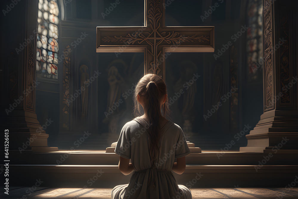 the back of a girl praying under a cross. Generative AI