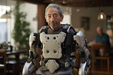 Disabled senior man wearing an exoskeleton suit
