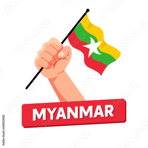 happy independence day myanmar 4th january. hands holding myanmar flag on white background. vector flat illustration design. suitable for poster, banner and social media post