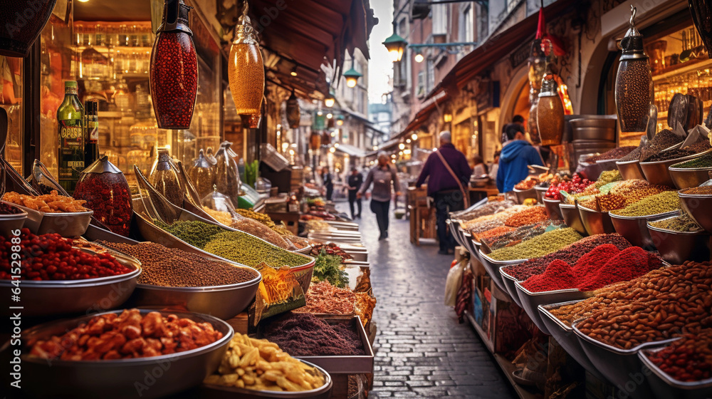 A Panoramic View of a Bustling Spice Market in Istanbul, Where Vibrant Colors, Aromas, and the Rhythm of Trade Converge in a Sensory Celebration