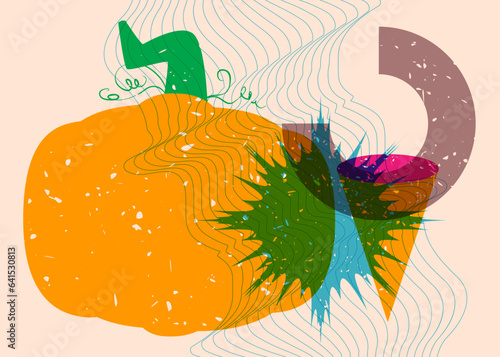 Pumpkin with colorful geometric shapes. Abstract holiday, harvest trendy riso graph design. Geometry elements abstract risograph print texture style.
