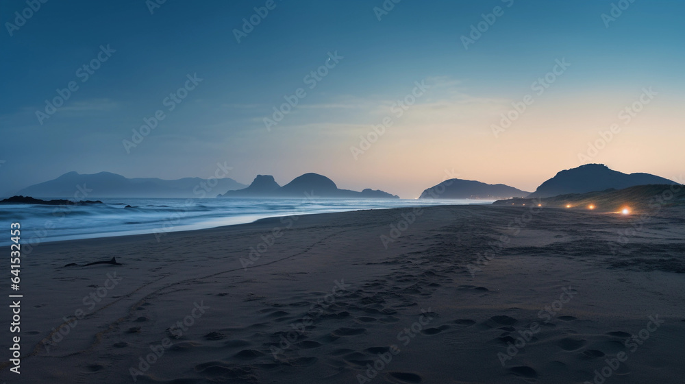  A Panoramic View of a Deserted Beach During Twilight with Ethereal Hues Painting the Horizon, Conjuring a Tranquil Seascape of Serenity and Solitude