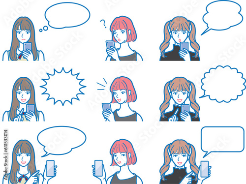 スマホを操作する女性のベクターイラスト