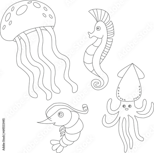 outline sea animals clipart set in cartoon style. includes 4 ocean animals for kids and children