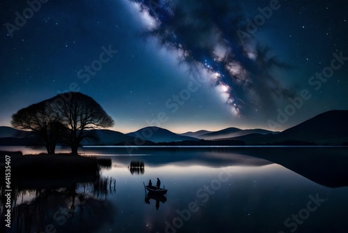 night landscape with moon and clouds, wait lake at night with a faint milky way in the night sky 