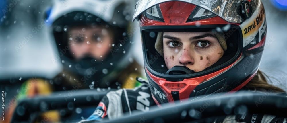 A close-up of a couple performing high-speed ice karting on a frozen track. winter sport extreme. A close-up of a couple performing high-speed ice karting on a frozen track. winter sport extreme.