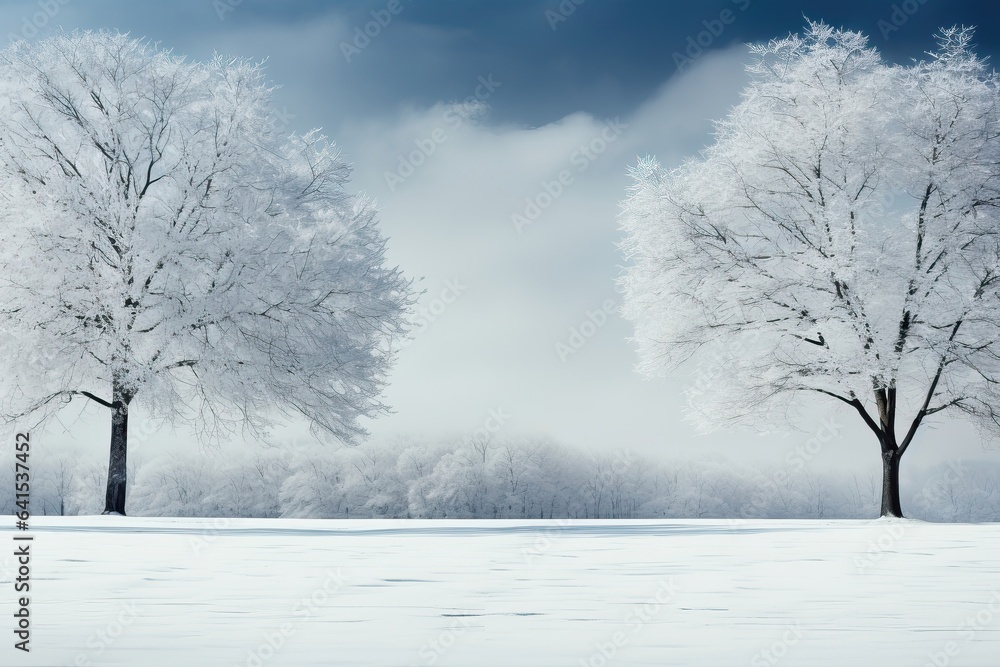 A background image, featuring two majestic snow-covered trees standing apart in a park, with a central space left for customization. Photorealistic illustration, Generative AI A background image, featuring two majestic snow-covered trees standing apart in a park, with a central space left for customization. Photorealistic illustration, Generative AI