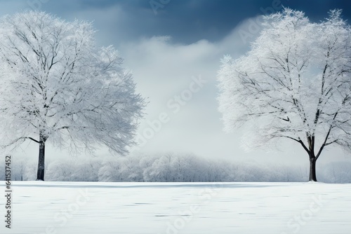 A background image, featuring two majestic snow-covered trees standing apart in a park, with a central space left for customization. Photorealistic illustration, Generative AI