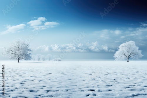 A background image for creative content, showcasing two grand snow-covered trees standing apart, with the center space left open for customization. Photorealistic illustration, Generative AI