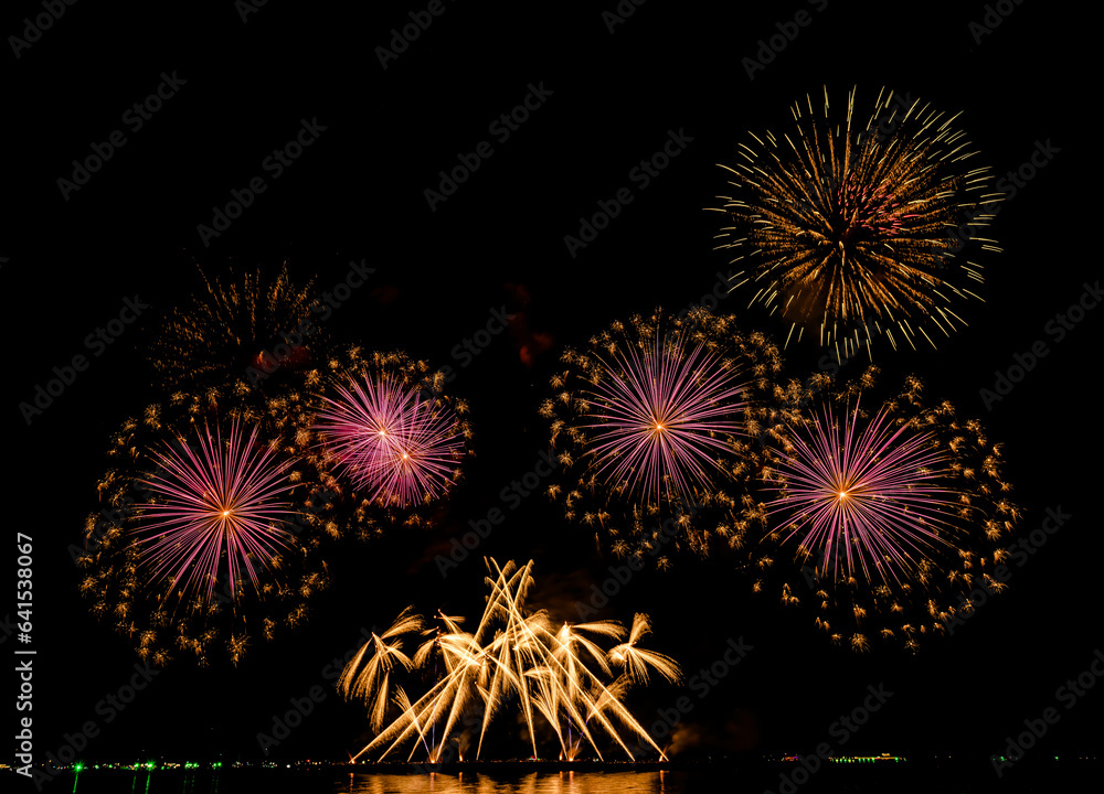 Beautiful fireworks, International Firework Festival in Pattaya, Thailand. Nov 25-26, 2022. on isolated black background. Beautiful fireworks, International Firework Festival in Pattaya, Thailand. Nov 25-26, 2022. on isolated black background.