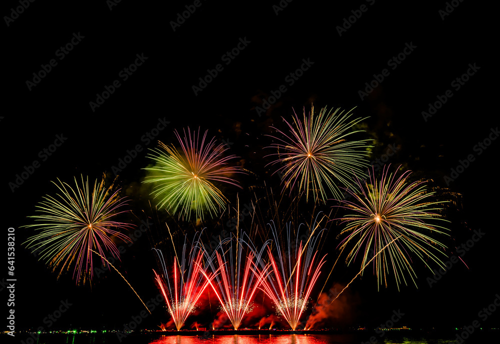 Beautiful fireworks, International Firework Festival in Pattaya, Thailand. Nov 25-26, 2022. on isolated black background.