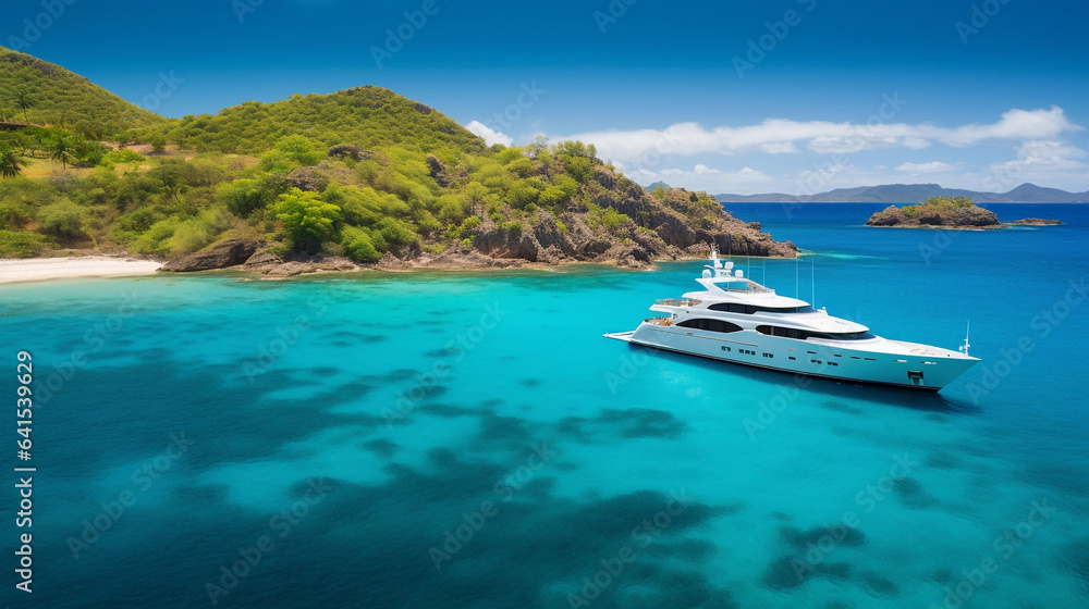 A Luxury Yacht in the Azure Sea at a Pristine Beach, Where Opulence Meets Serenity on the Endless Waters