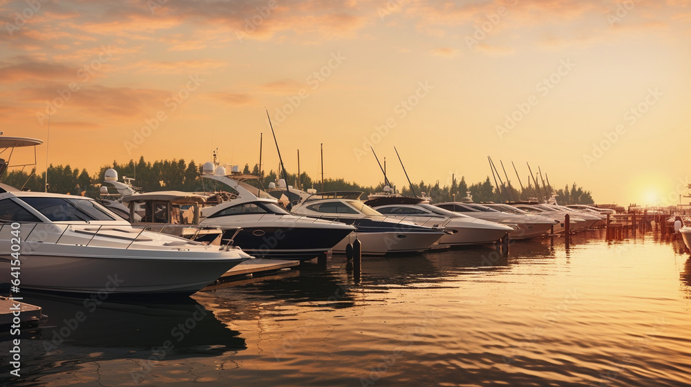 A View of a Marina at Sunset, Where Speedboats Glisten in the Evening Light, Elegance Meets Nautical Thrill