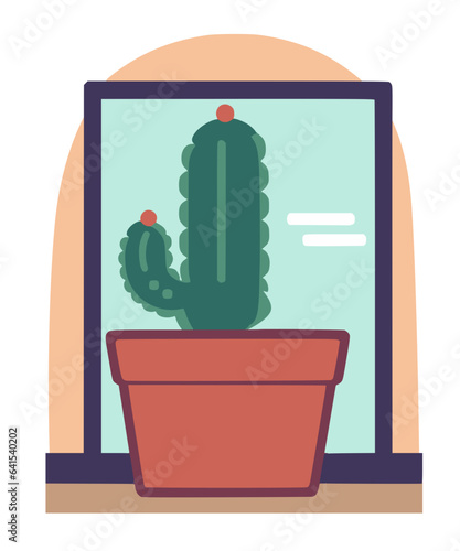 Cactus in planter, on a windowsill, beautiful clear sky outside
